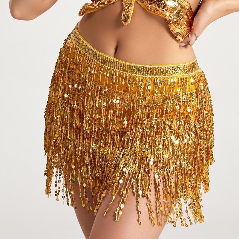 *daisysboutique* Women Belly Dance Skirt Fringe Skirts Sparkly Sequin Hip Scarf Party Costume (One Size, 1 Piece Gold) - Image 2